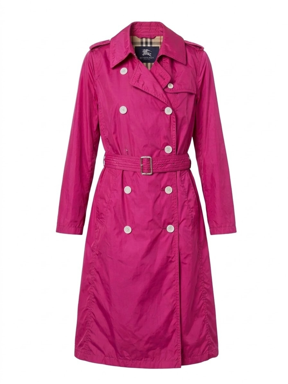 BURBERRY Y2K Hot Pink Nylon Trench Coat Belted Rain Jacket Sz 6 USA / 8 UK